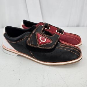 Qubica AMF Bowling Shoes Unisex W 11.5 M 10 Black Red Leather Adjustable Strap.
